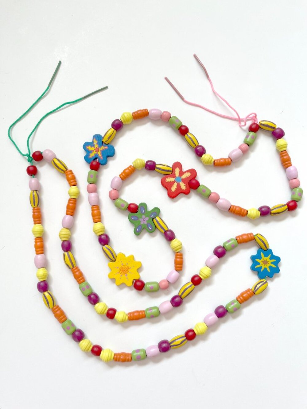 2 Wooden Beaded Necklaces Colorful Flower Charm Boho Bali Jewelry